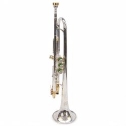 Vintage 20th century Olds Recording Los Angeles silver finished trumpet with three cylinder valves, finger ring and mouthpiece, in a velvet lined hard case.