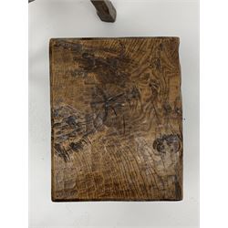 Collection of three mid 20th century stools by Jack Grimble of Cromer - rectangular tooled oak seat on four splayed supports (38cm x 31cm, H35cm), circular tooled burr oak seat on three supports (D29cm, H35cm), shaped burr top on three supports (L44cm, H45cm), each signed underneath