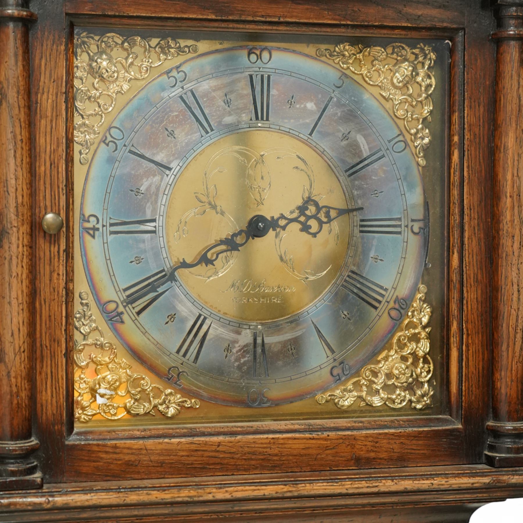 20th-century-oak cased  8-day longcase clock, in an 18th century provincial style case, square brass dial with an engraved centre, cast spandrels, steel hands and silvered chapter ring, dial engraved 