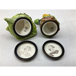 Four Halcyon Days bonbonnieres modelled as frogs, Golden Toad, Red-eyed frog, Dart-poison frog, and Poison Dart frog, in single box 