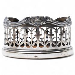  Pair of Victorian plated bottle coasters with pierced sides and turned boxwood bases