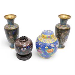 20th century Japanese jar and cover decorated with birds and flowers on a blue ground H24c...