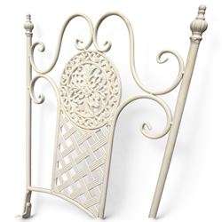 Pair of Victorian design wrought metal folding garden chairs, scrolled cresting rail over pierced foliate medallion, lattice back and seat on X-frame folding base