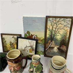 Dimpled green glass bottle, together with painted tiles, a collection of character jugs etc 