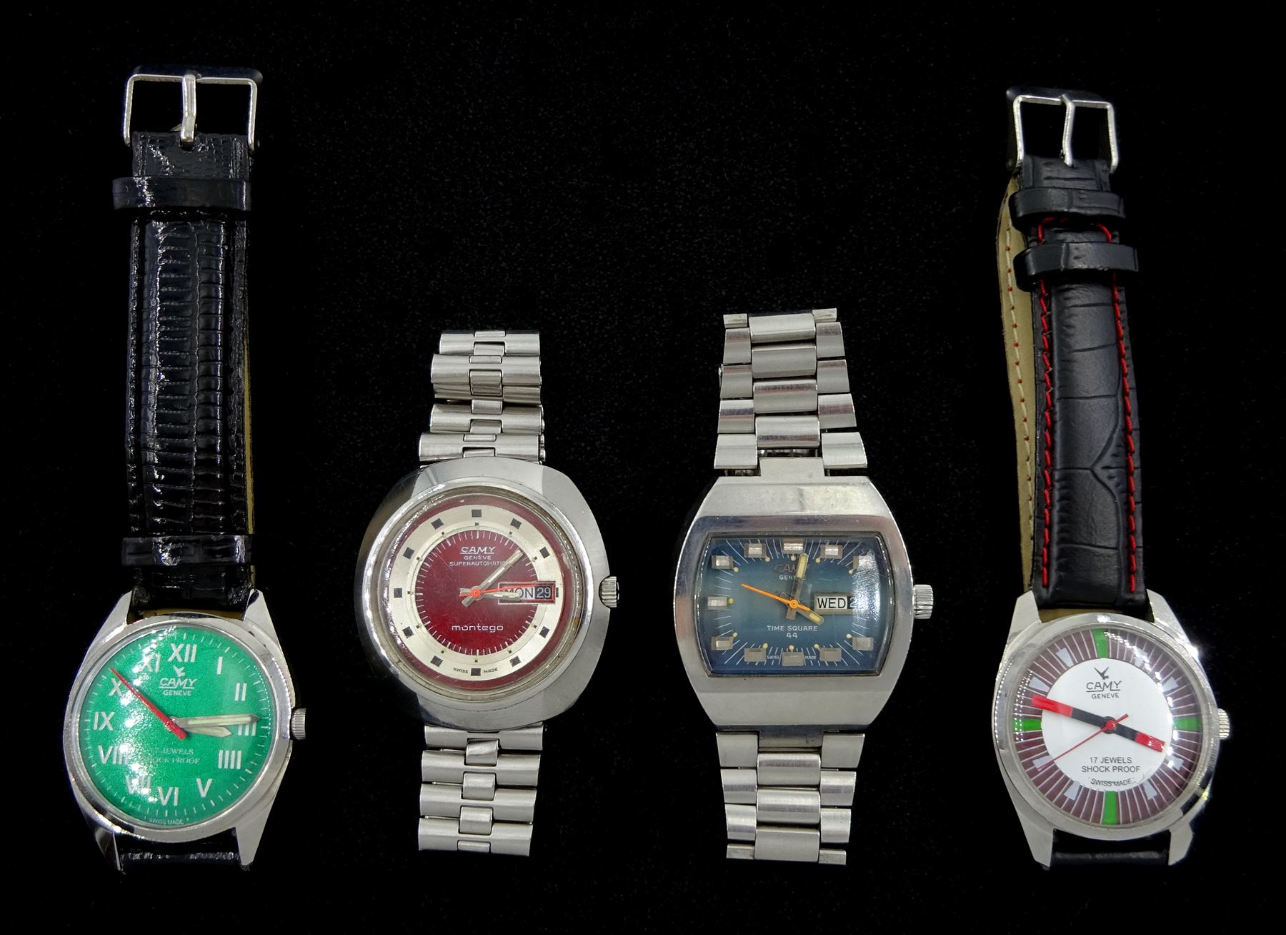 Four Camy wristwatches including two stainless steel automatic Montego and Time Square 44, both with day/date apertures and on original straps and two manual wind's, both on leather straps