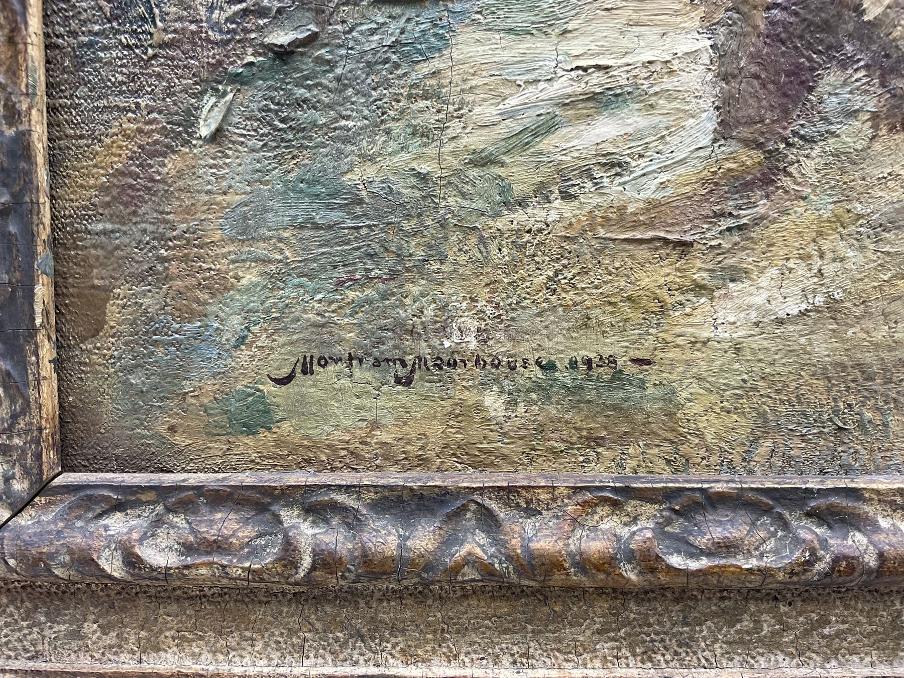 George Mortram Moorhouse (British 1882-1960): Huntsman and Hounds at 'The Kent - Hawes Bridge' Yorkshire Dales, oil on canvas signed and dated 1938, original title label with artist's Helsington, Kendal address verso 50cm x 60cm 
Notes: Moorhouse, often misspelled George Mottram Moorhouse, was a pupil of Sir William Orpen, Sir Frank Brangwyn, and Augustus John.