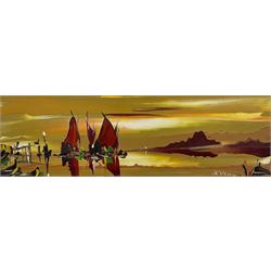 George Richard Deakins (British 1911-1982): Boats at Sunset, oil on board signed 14cm x 45cm 