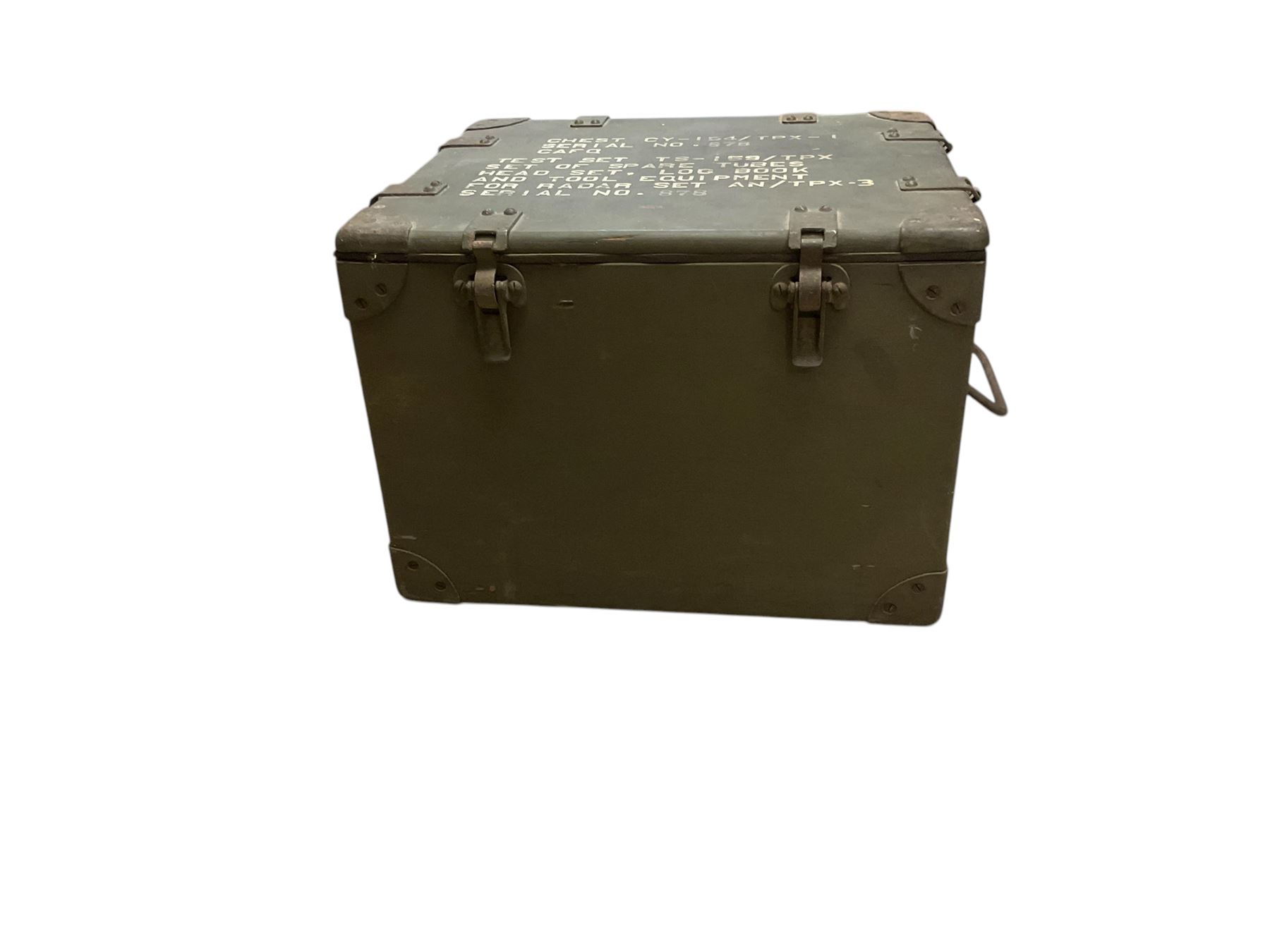 Wooden chest with metal clasps, the top marked 'Chest CY-154/TPX-1 Serial No.878 CAFQ .....' H30cm, W41cm
