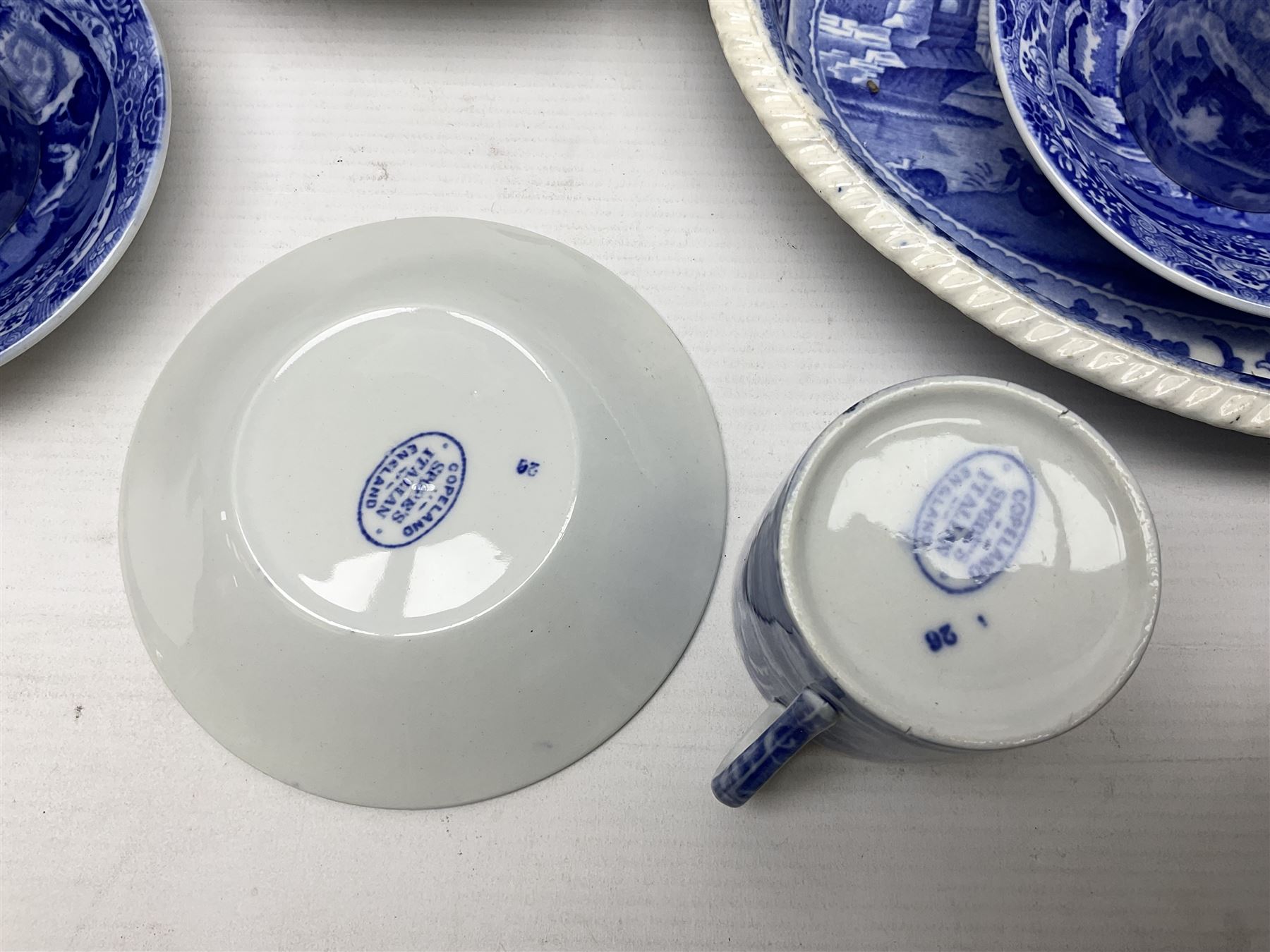 Copeland Spode Italian pattern tea and dinner wares, including hor d'oeuvres dish, tureen and cover, coffee pot, six coffee cans and saucers, etc, all with blue printed marks beneath (40)