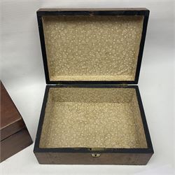 Victorian walnut and parquetry banded work box with brass shield and escutcheon, L30cm, together with mahogany writing slope with green baize writing surface, L35cm