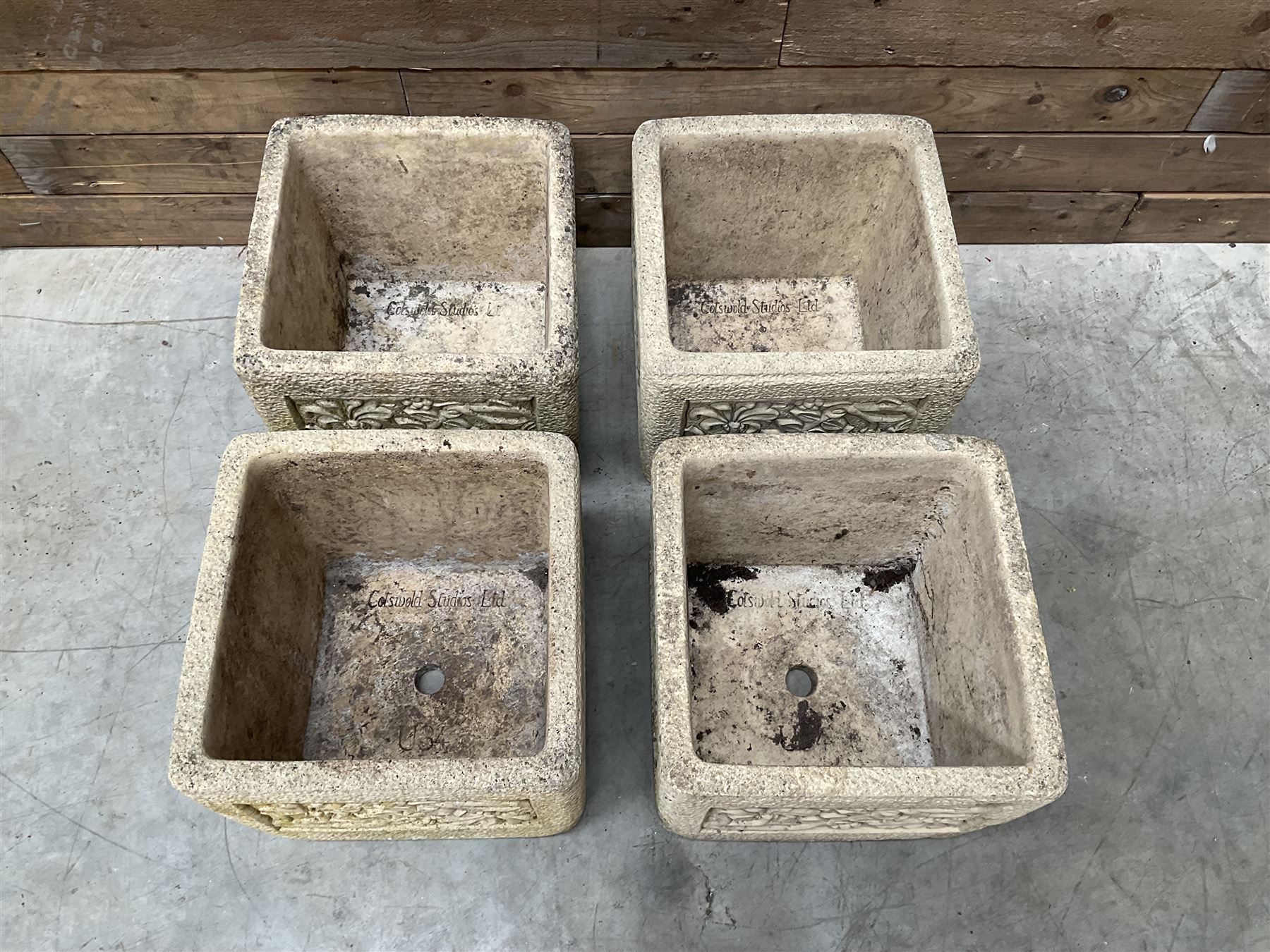 Set four Cotswold Studios Ltd square cast stone garden planters 