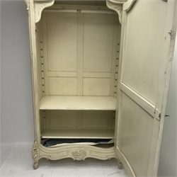 Large French style wardrobe, arched top with pediment, single mirrored door enclosing hanging rail and shelves, acanthus carved cabriole feet, W112cm, H240cm, D60cm
