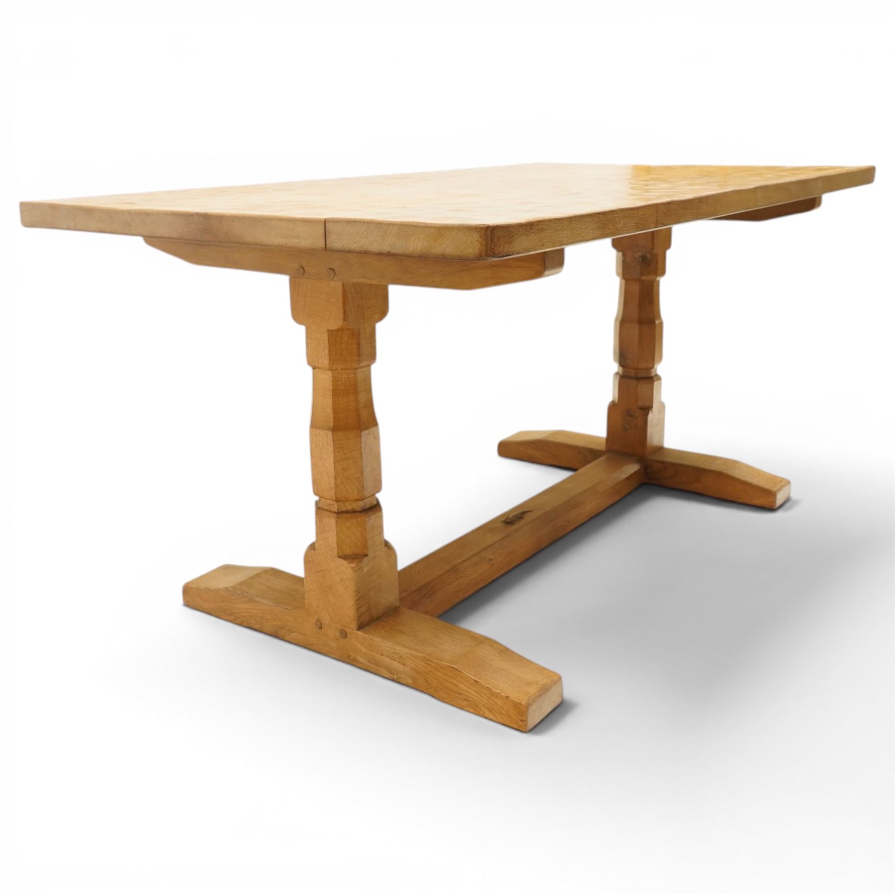 Lizardman - 5' oak refectory dining table, rectangular adzed top, octagonal turned supports united by stretcher with carved lizard signature, by Derek Slater of Crayke