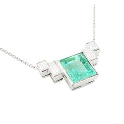 Platinum Siberian emerald and diamond necklace, single rectangular cut emerald of approx 5.70 carat, with two rectangular cut diamonds set either side, to a trace link chain necklace, hallmarked, total diamond weight approx 0.70 carat, the GCS certificate