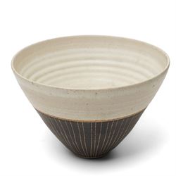 Sarah Butler and Martin Clark: Two works, comprising a sleeve vase and one bowl, each with vertical sgraffito decoration, and with incised potters marks to base, largest H19.5cm (2)