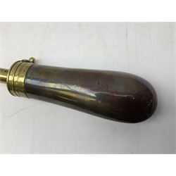 Two Sykes Patent brass mounted small load powder flasks with fire proof safety tops - one with slim plain copper body H17.5cm; the other with plain gun metal body H19cm (2)