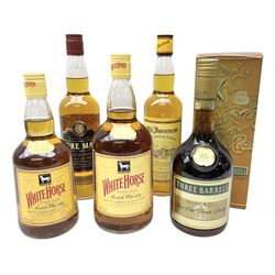 Mixed alcohol comprising Old Inverness Aged Scotch whisky, J.G.Thomson & Co, two bottles of White Horse Fine Old Scotch whisky, Three Barrels VSOP French Brandy in box etc, five bottles, various contents and proofs