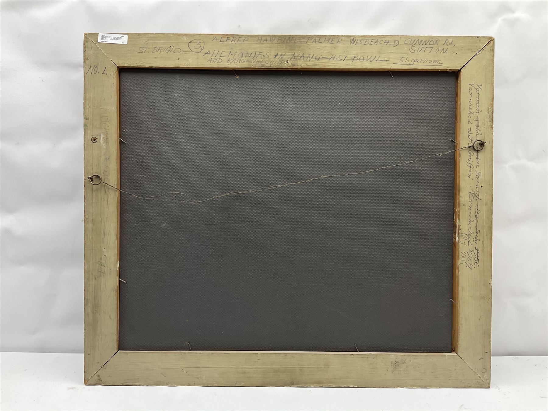 Alfred Hawkins Palmer (British 1905-1984): 'Anemones in a Kangxi Bowl', oil on board signed, titled and signed verso with artist's address 51cm x 61cm