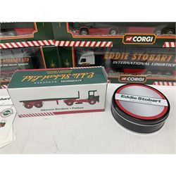 Corgi/Atlas - eight Eddie Stobart die-cast scale models comprising Corgi 59503, TY86705, TY86719, TY87001 and TY87704: Atlas Scalia Topline Curtainside, Atkinson Borderer Flatbed and Volvo FH fridge Trailer, with certificates of authenticity; tin of Eddie Stobart coasters; all with original boxes 