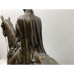 Large and impressive bronze figure of Wellington seated on a horse, on a sarcophogus shaped stepped base impressed 'Meunier Paris', the canted corners inset with battle trophies H68cm L50cm D22cm