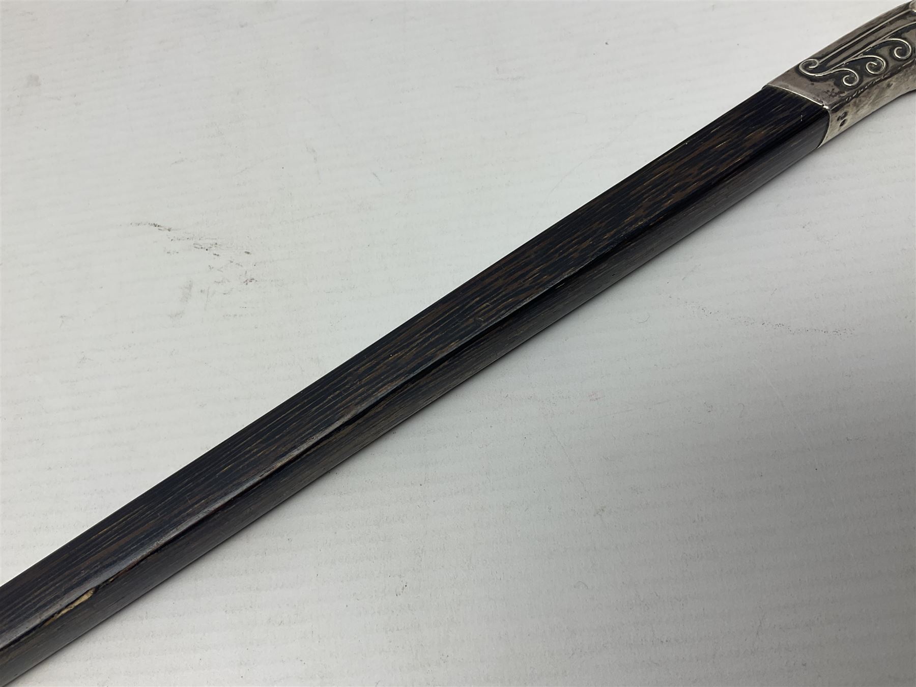 Austrian Art Nouveau zebra wood walking stick, silver covered angular handle relief decorated with stylised flowers, hallmarked Vienna c1900, makers mark LM, H84cm