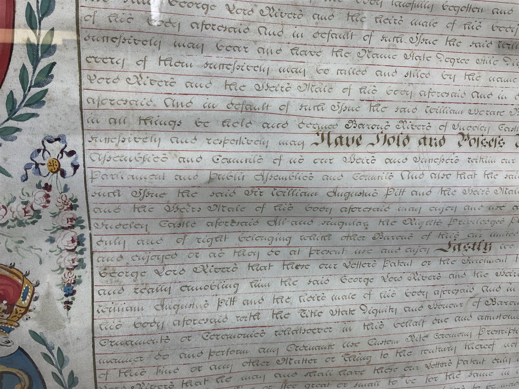 Large 18th century framed and glazed Indenture for King George III to George Rivers, Lord Rivers of Straths Saye, including frame H92.5cm L107.5cm