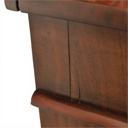 Mid Victorian mahogany pedestal sideboard, the rectangular top with raised back centred by a carved shell within scrolling acanthus and foliate cresting, over a central shaped frieze drawer flanked by two short drawers, above a kneehole recess, flanked by panelled cupboard doors with carved corbel supports, enclosing shelved interiors