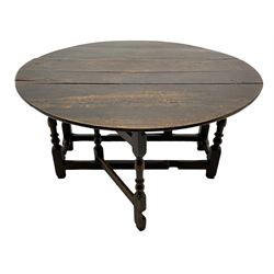 17th century oak dining table, pegged plank drop leaf top on gate-leg action base, turned supports, single drawer to end with drop and pierced plate handle, 