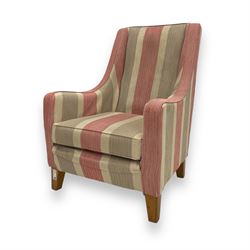 Multiyork - 'Alpine' highback armchair, upholstered in red and beige herringbone striped fabric, gently sloped arms over loose seat cushion, raised on square tapered hardwood supports