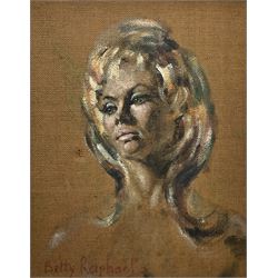 Betty Raphael (British 20th century): Portrait of a 60s Female, set three oils on hessian canvas signed 50cm x 39cm (3)