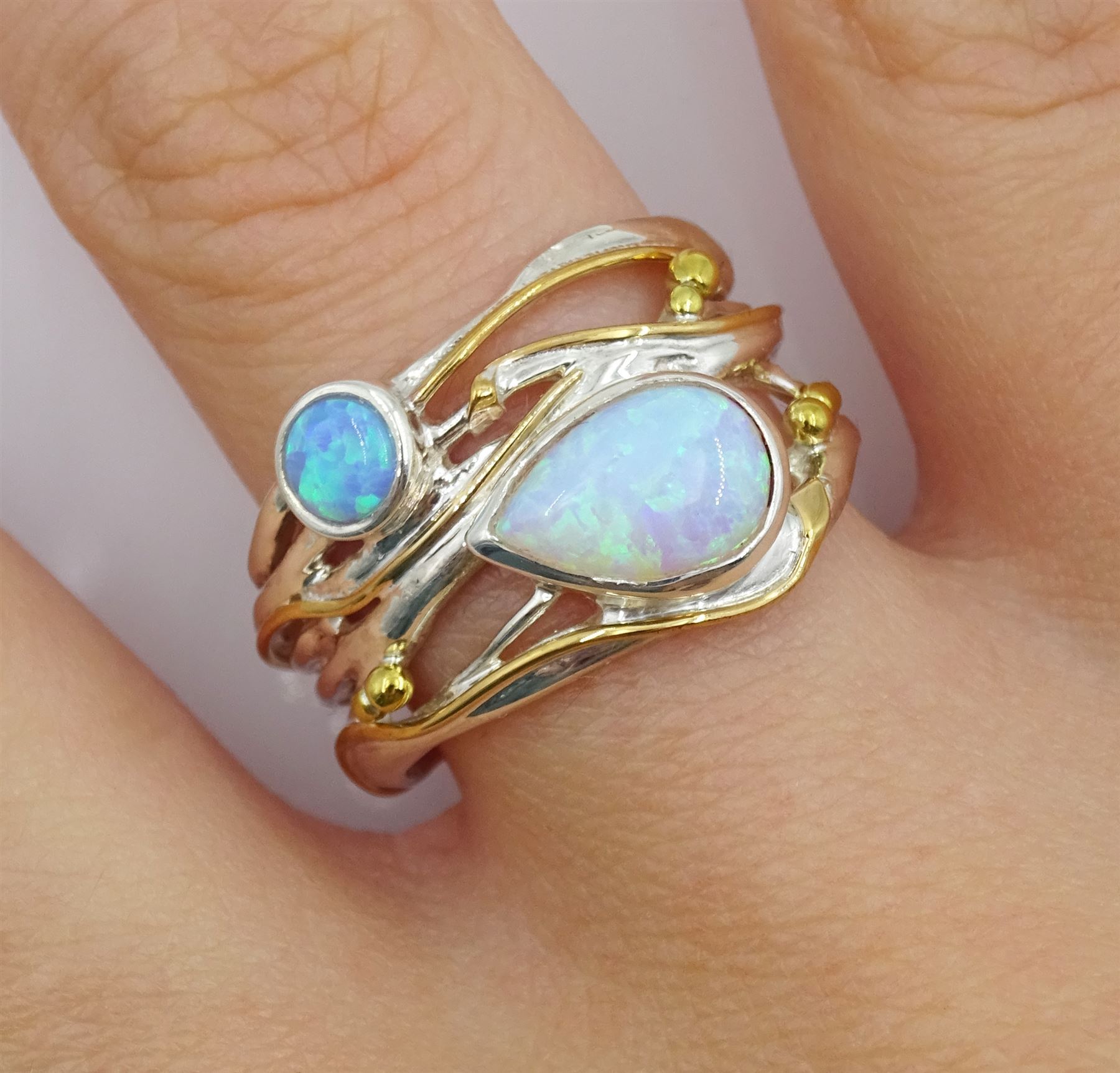 Silver and 14ct gold wire two stone opal ring, stamped 925