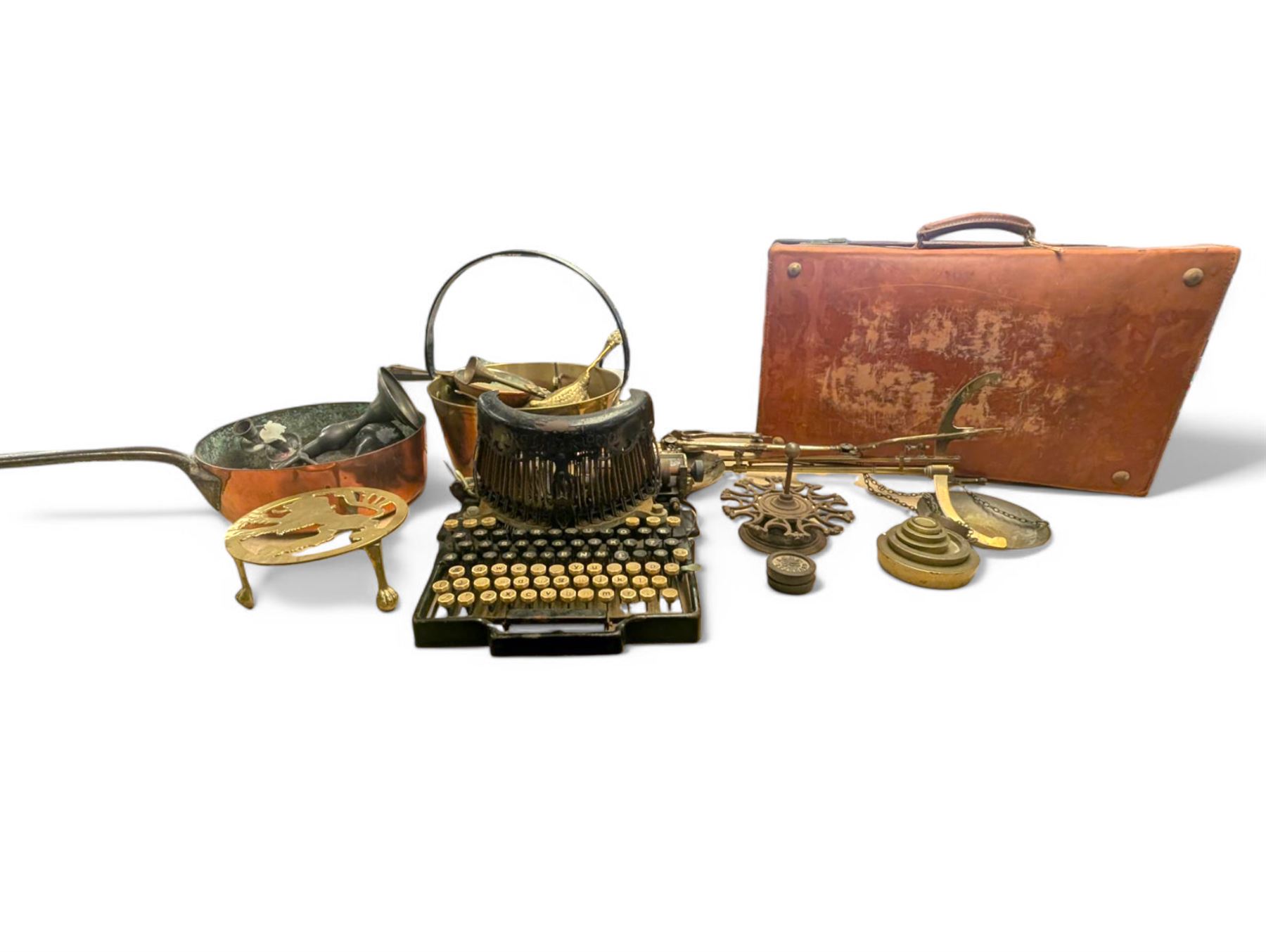 Large copper pan, brass jam pan, balance scales and weights, typewriter, leather suitcase and other metal ware