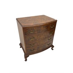 Mid-20th century walnut bow-front chest, fitted with four cockbeaded drawers, raised on cabriole supports carved with acanthus leaves