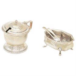 1930s three piece silver cruet set, comprising mustard pot with cover, salt and pepper shakers, together with 1960s toast rack and open salt, both hallmarked 