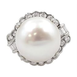Platinum large south sea pearl ring, with baguette and round brilliant cut diamond surround, stamped Pt900, with World Gemological Institute report