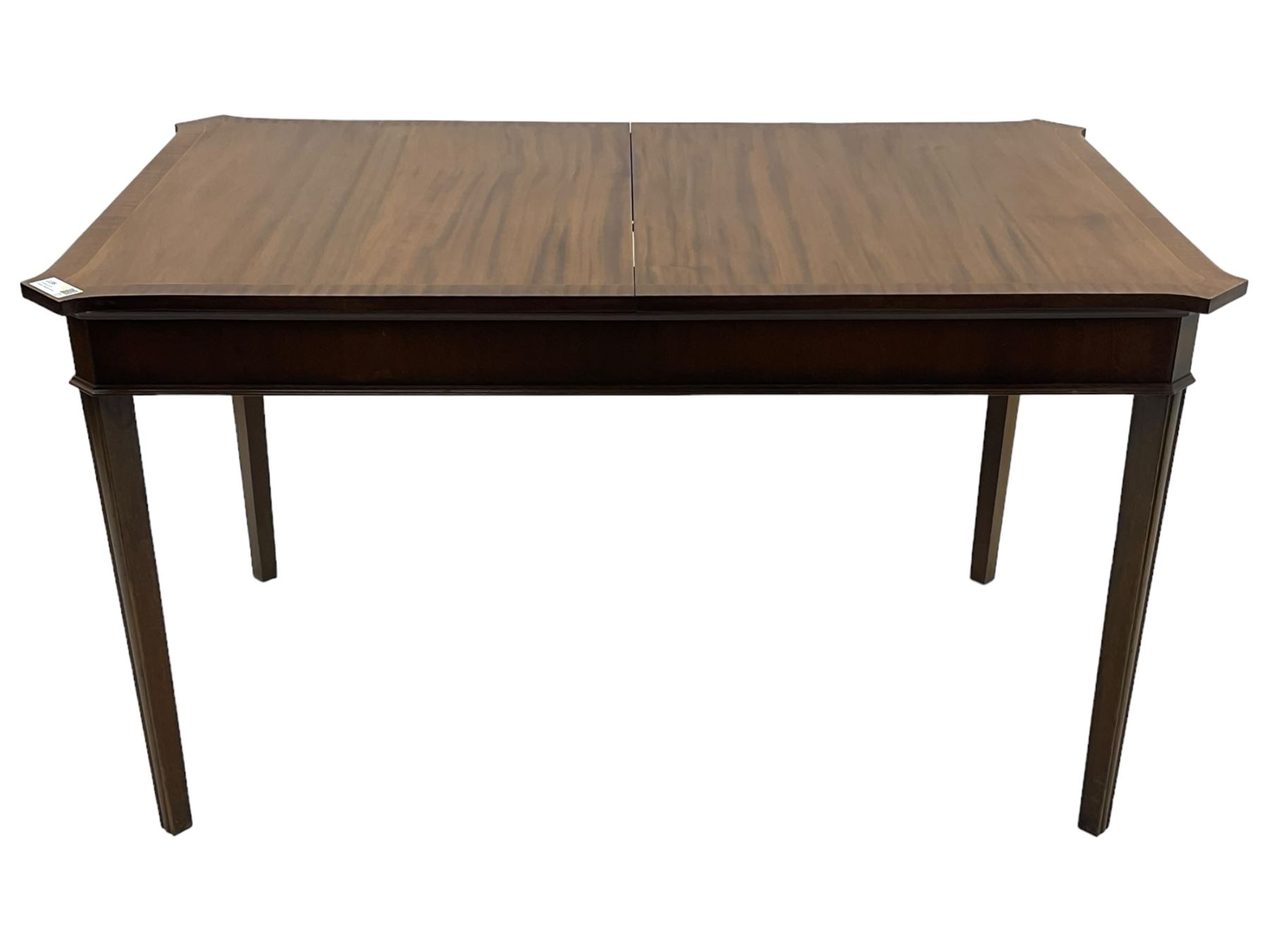 Regency design mahogany extending dining table, rectangular top with extending canted corners, pull-out action with additional leaf (84cm x 136cm - 182cm, H76cm); set of eight Regency design mahogany dining chairs with rope twist rails