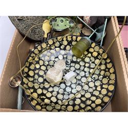 20th century Postilion brass and agate carriage clock with bevelled glass panel, H13cm, Peugeot Freres coffee grinder, silver-plate, figures, quantity of vinyl records, four The Works of William Shakespeare pub Odhams Press, brass lamp etc in three boxes