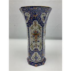 19th century French faience octagonal vase, painted with floral panels, H28cm