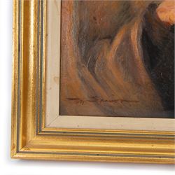 Mark Senior (Staithes Group 1864-1927): 'The Last Flicker' - Portrait of Peggy Calvert, oil on canvas signed 59cm x 49cm
Provenance: exh. Royal Academy 1901 No. 849, faintly inscribed verso. 
Notes: Peggy Calvert served as Senior’s housekeeper, and is known to have frequently sat for his portraits.