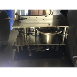 Early 19th century inlaid and cross banded mahogany London style longcase clock, brass arched dial, Roman and Arabic numerals, second and month subsidiary, lattice spandrel, eight day movement, automatic night time silent and strike mode, H242cm (two weights and pendulum)