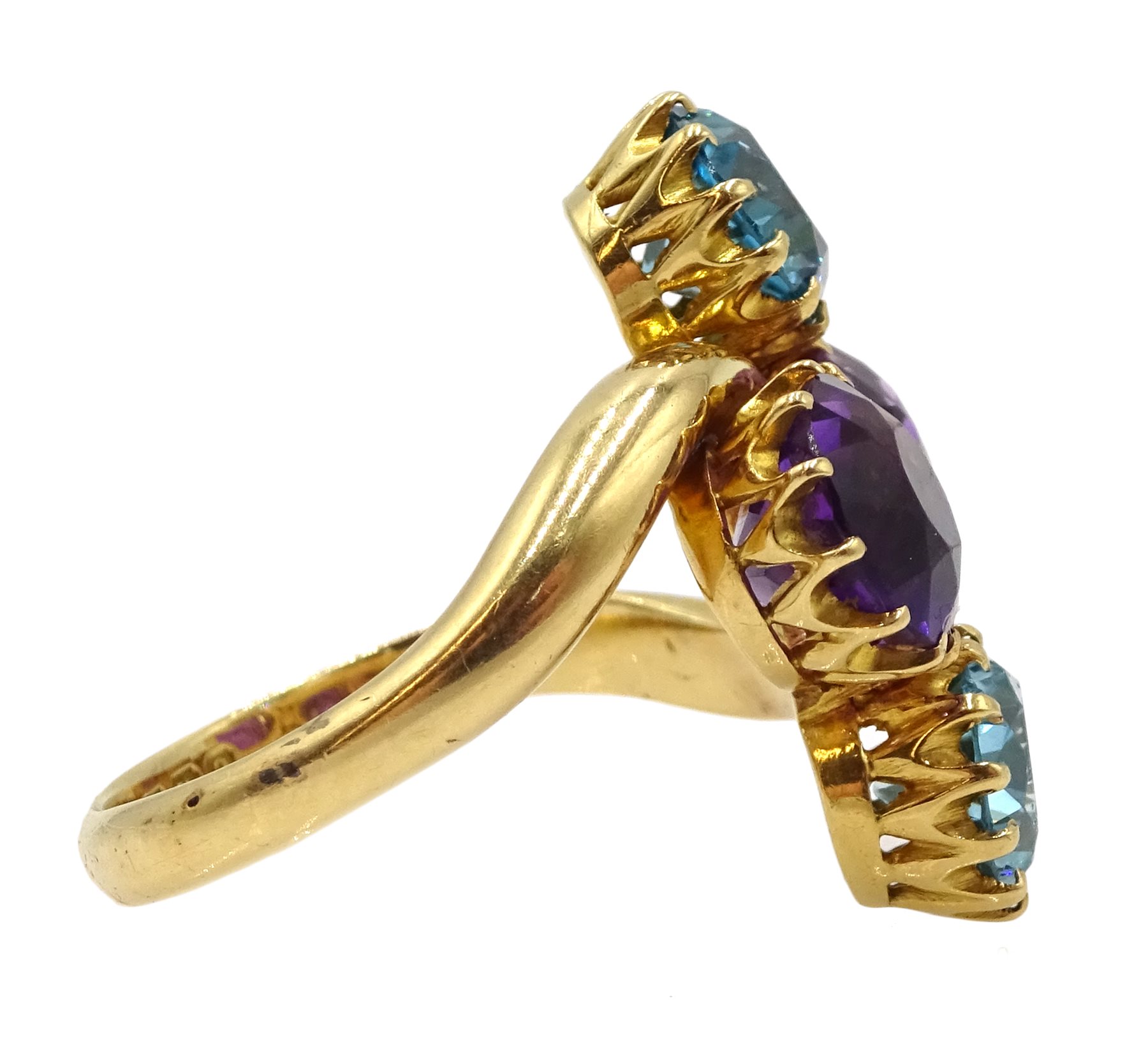 Edwardian 18ct gold four stone blue zircon and amethyst crossover ring ...