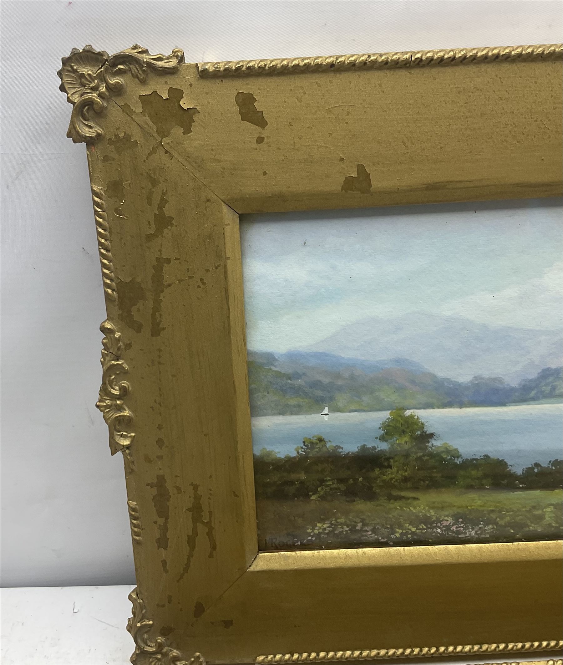 J Rogers (British 19th/20th century): Lake Scene and Coastal Scene, pair watercolours signed 20cm x 53cm (2)