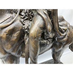 Large and impressive bronze figure of Wellington seated on a horse, on a sarcophogus shaped stepped base impressed 'Meunier Paris', the canted corners inset with battle trophies H68cm L50cm D22cm