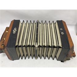 Three European concertinas, comprising Viceroy German concertina with 21 keys, hexagon wooden frame and 8 fold bellows
Oak framed concertina with 12 keys and 8 fold bellows
Commander concertina with 12 keys and 12 fold bellows
With tutor