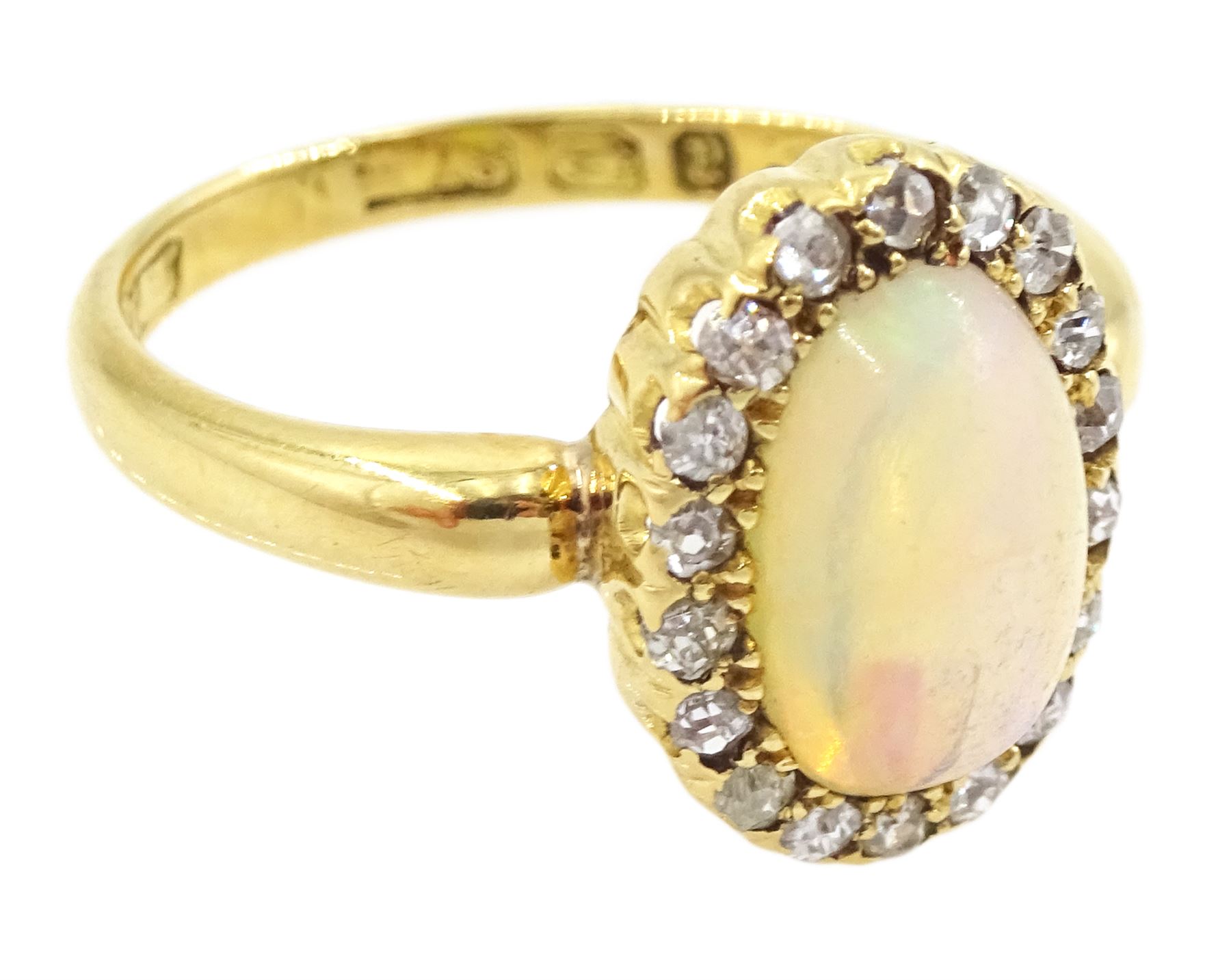 Victorian 18ct gold opal and old cut diamond cluster ring, Birmingham 1898
