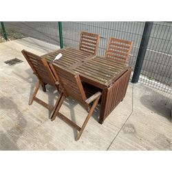 Rectangular teak drop leaf garden table, and four slatted armchairs