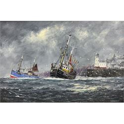 Jack Rigg (British 1927-): Trawlers Leaving the Harbour, oil on canvas signed and dated 1989, 40cm x 60cm 

