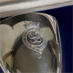 Pair of limited edition commemorative silver goblets, each engraved with HRH Queen Elizabeth's Royal cypher, the bowls with gilt interior and upon a parcel gilt stem, the circular foot engraved 'The Queen's Silver Jubilee 1952-1977', both hallmarked Mappin & Webb Ltd, Sheffield 1977, limited edition numbers 267 & 268/2500, boxed, H17cm
