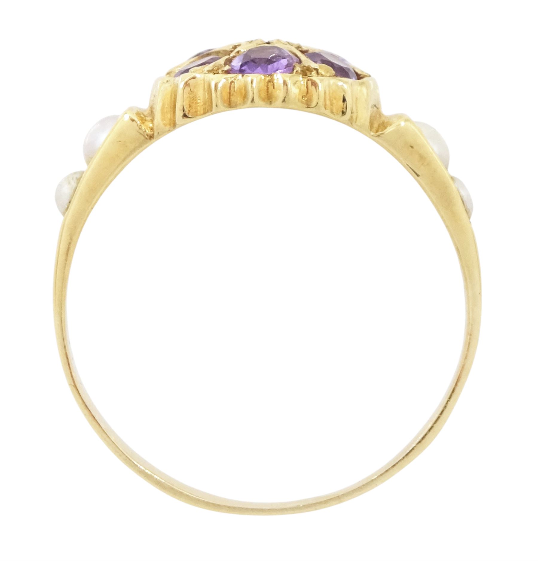 14ct gold amethyst, diamond and pearl ring, single rose cut diamond, surrounded by six round cut amethysts, the shoulders with two split pearls set either side