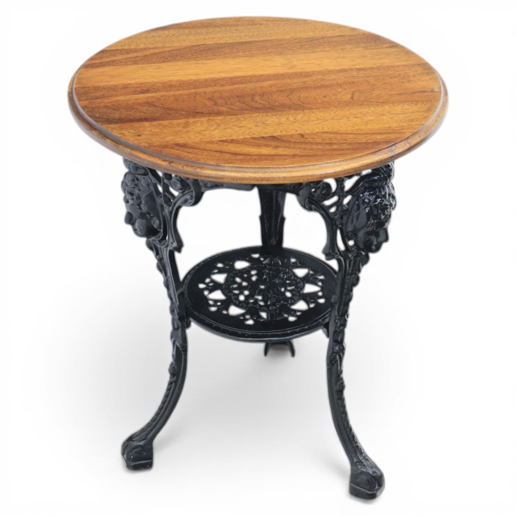 20th century stained hardwood pub table, round boarded top with moulded rim, supported on an ornate pierced cast iron pedestal with scrolling detail and three cabriole supports ending in pad feet